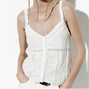 Zara White Cotton Boho Embroidered Tank Lightweight Top